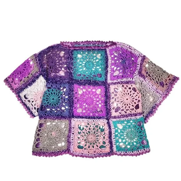 New Handmade Boho Crochet Granny Square Top - Vibrant Patchwork Festival Blouse - Picture 3 of 16